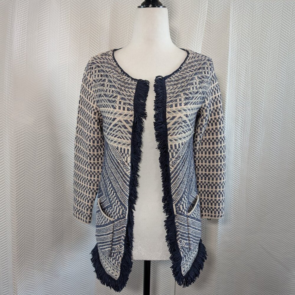 Lucky Brand Fringe Open Cardigan Woven Jacket Cream Blue Size XS Boho Chic